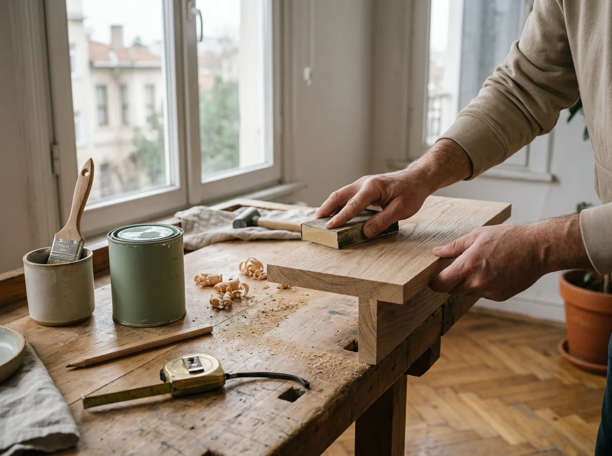 Pencere kenarındaki tezgâhta meşe bir rafı zımparalayan eller ve çevresinde DIY malzemeleri.